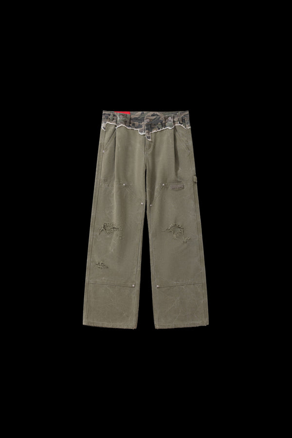 BURNIN* "Burnin for People" camouflage stitching ripped logging pants