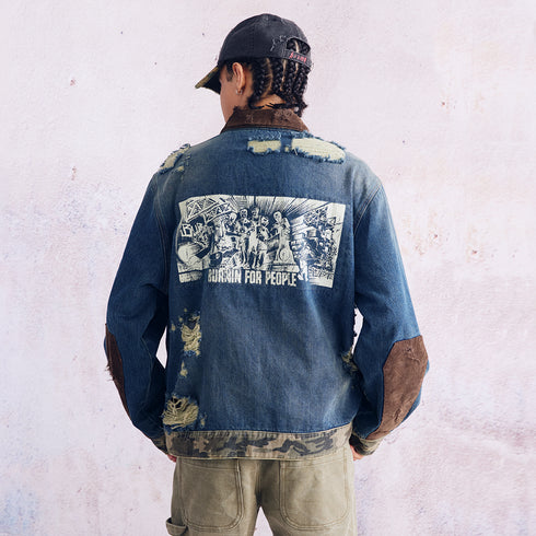 BURNIN* "Burnin for people" camouflage splicing damaged patch denim jacket