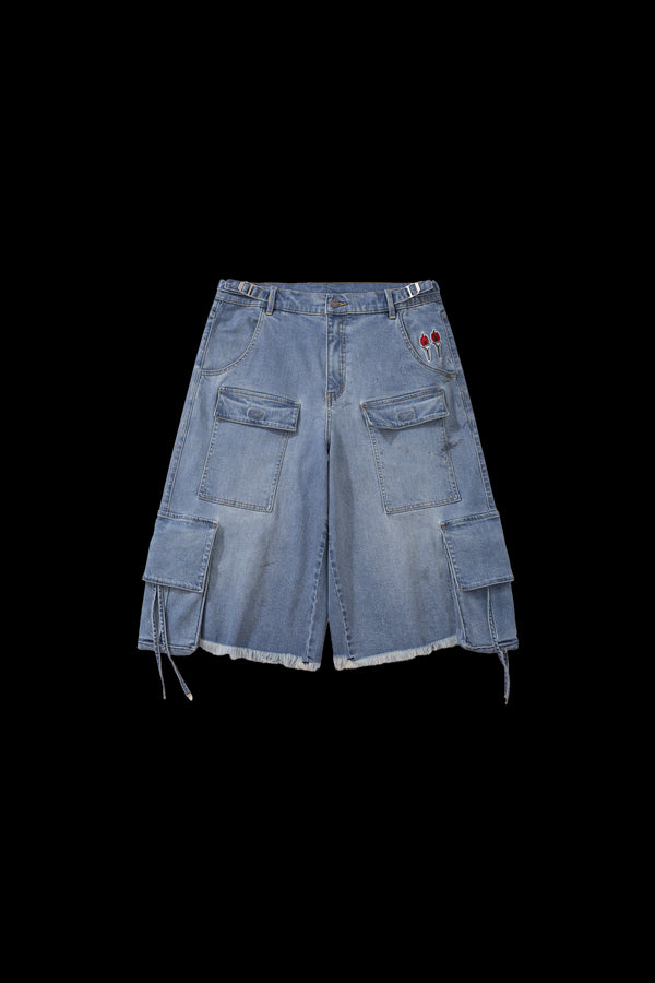 BURNIN*Underground Palace Embroidered Washed Denim Shorts