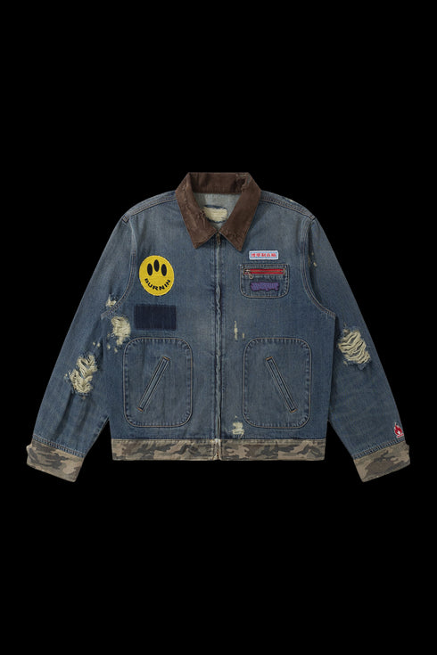 BURNIN* "Burnin for people" camouflage splicing damaged patch denim jacket