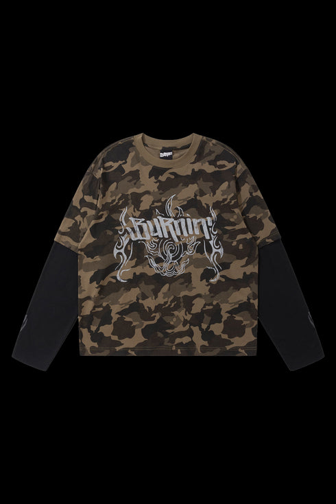 BURNIN* “97’series” worn fire pattern fake two-piece T-shirt