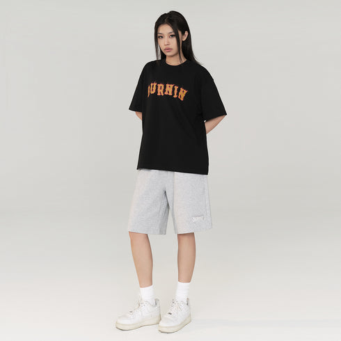 BURNIN*Spark Flame Lava Letter Print Short Sleeve T-shirt