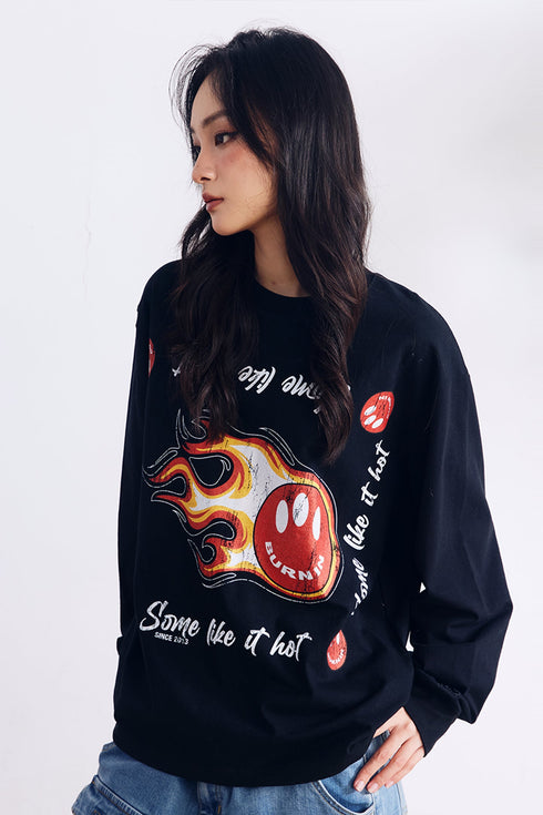 BURNIN*97'Series Flame Three-Eyed Smiley Face Distressed Long Sleeve T-shirt