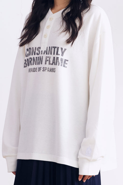 BURNIN*97'Series Worn Slogan Waffle Henley Collar Long Sleeve T-shirt