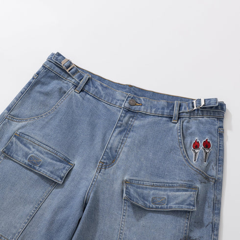 BURNIN*Underground Palace Embroidered Washed Denim Shorts