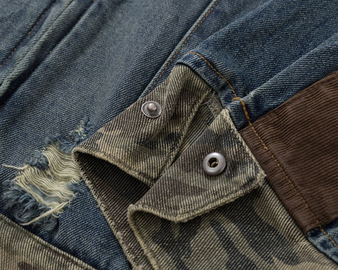 BURNIN* "Burnin for people" camouflage splicing damaged patch denim jacket