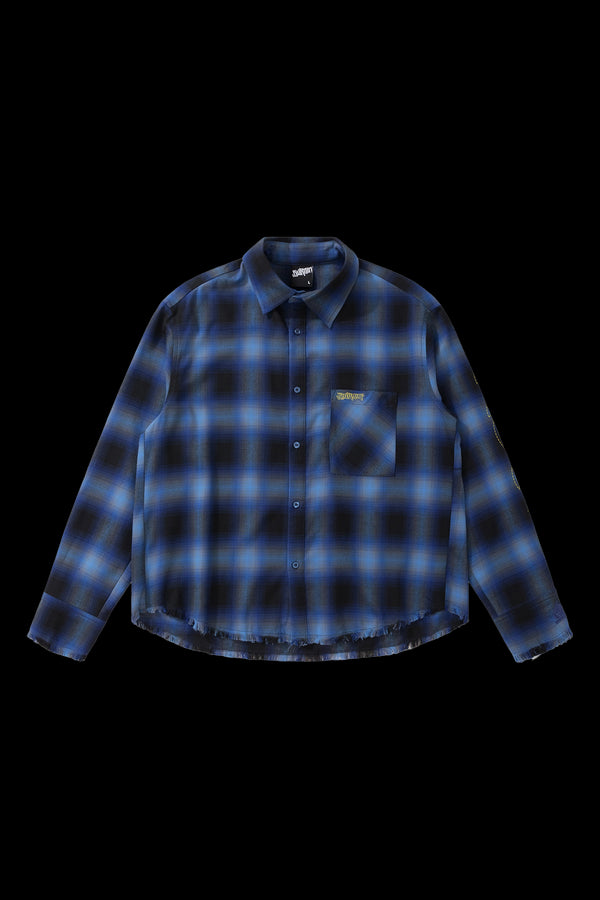 BURNIN* “97’series” raw edge destroyed plaid embroidered shirt