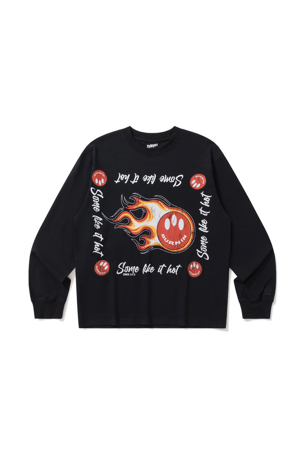 BURNIN*97'Series Flame Three-Eyed Smiley Face Distressed Long Sleeve T-shirt