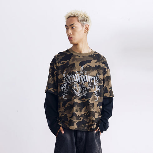 BURNIN* “97’series” worn fire pattern fake two-piece T-shirt